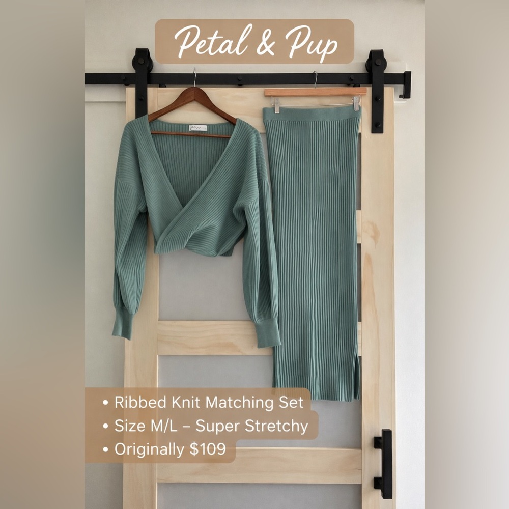 Petal & Pup Ribbed Knit Set M/L Green Crop Top Midi Skirt Stretchy Matching Set